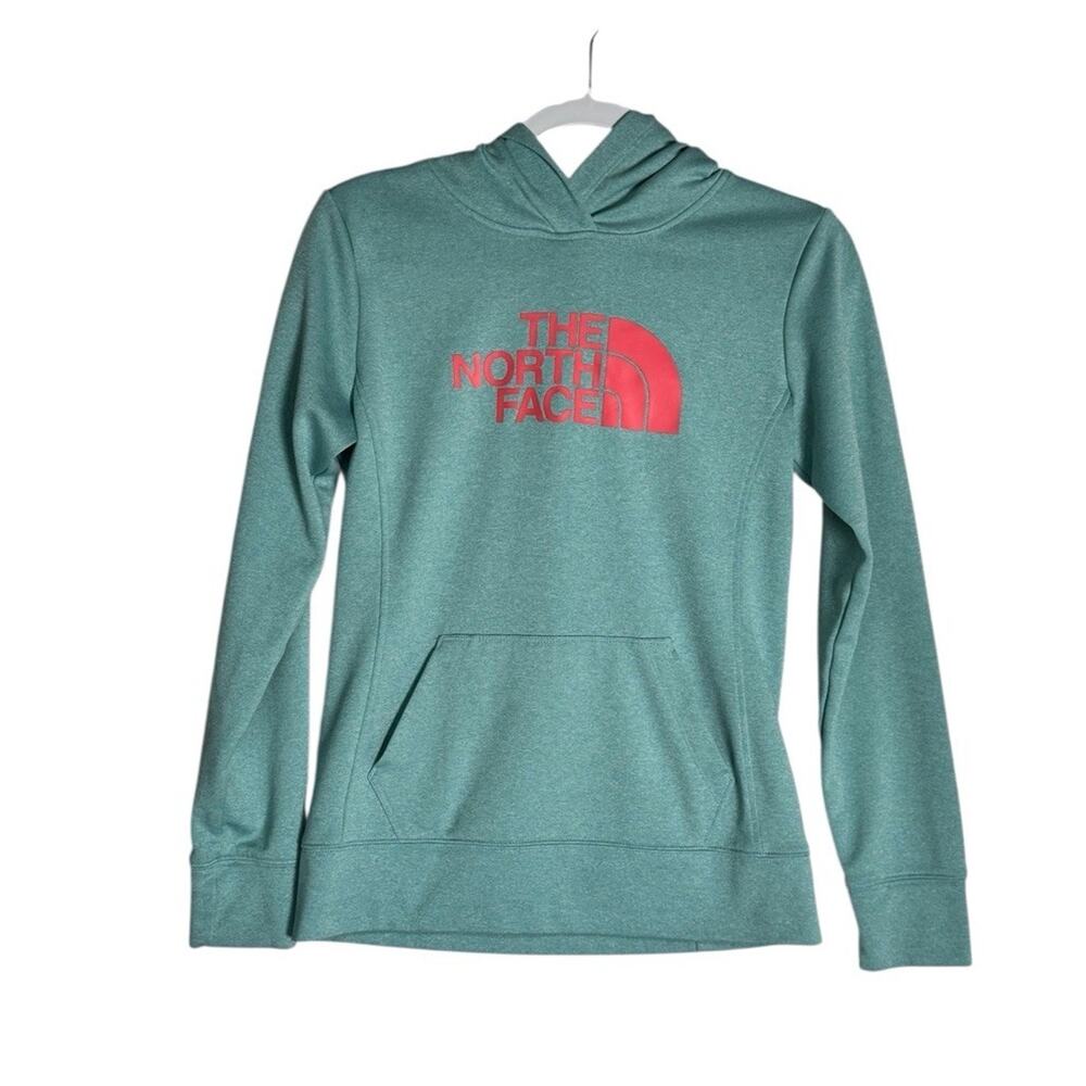 The North Face Womens Teal Activewear Hoodie Pink Logo Outdoor Sweatshirt Small